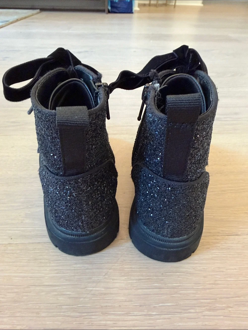 Cat & Jack Black Glitter Lace-Up Zipper Side Girls Boots Size 12